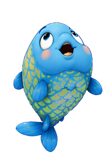Blubbi, ein kleiner blauer Fisch mit grün schimmernden Schuppen, springt fröhlich nach oben.
